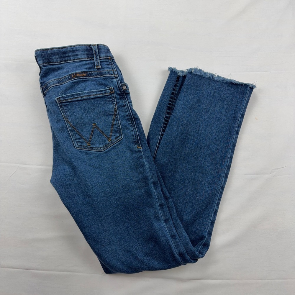 Wrangler Willow Ultimate Riding Jean Bootcut Raw Hem Size 7x34 Blue‎ Denim